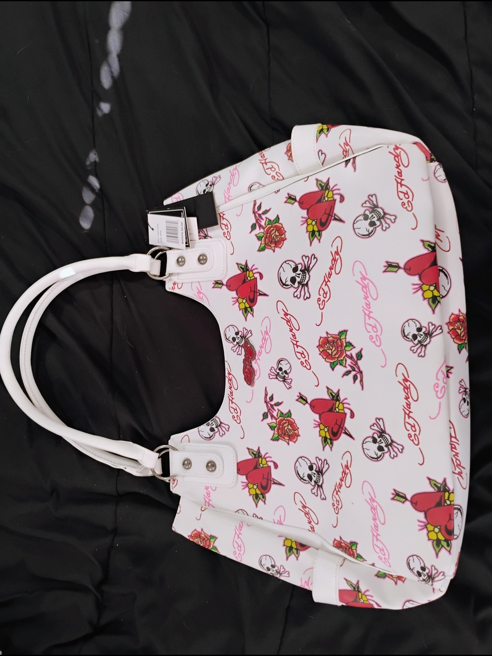 Ed Hardy White Shoulder Tote with Pink & Red Heart and Skull Prints